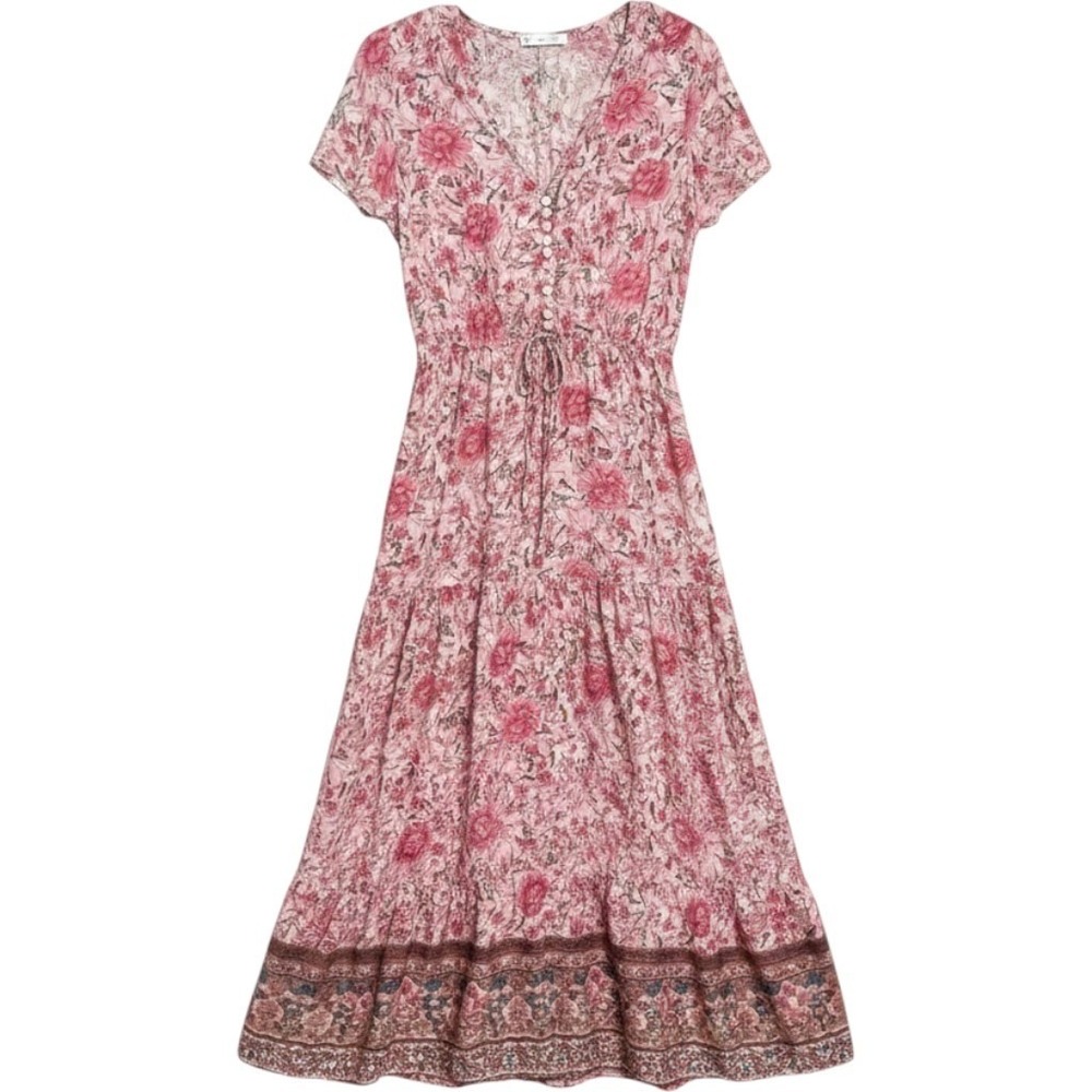 R.Vivimos Midi Dress Floral Boho S Pink Excellent Tiered Button V-Neck 009057018